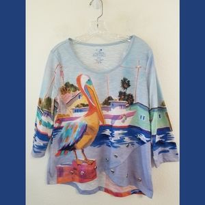 Ellen Negley Florida Pelican 3/4 Sleeve Top Small